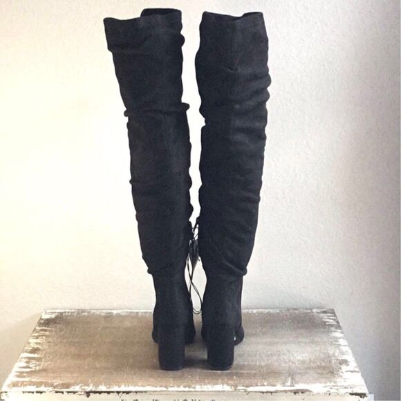 NWT black thigh length suede look chunky heel boots Size 5 1/2 - Picture 7 of 12